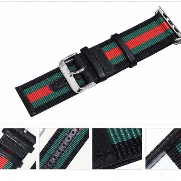 Canvas Leather Strap Nylon Watch Band for Apple Red & Green Strap Band - Picture 10 of 11